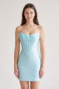 Aqua Off-the-Shoulder Satin Sheath Corset Homecoming Dress With Pearl