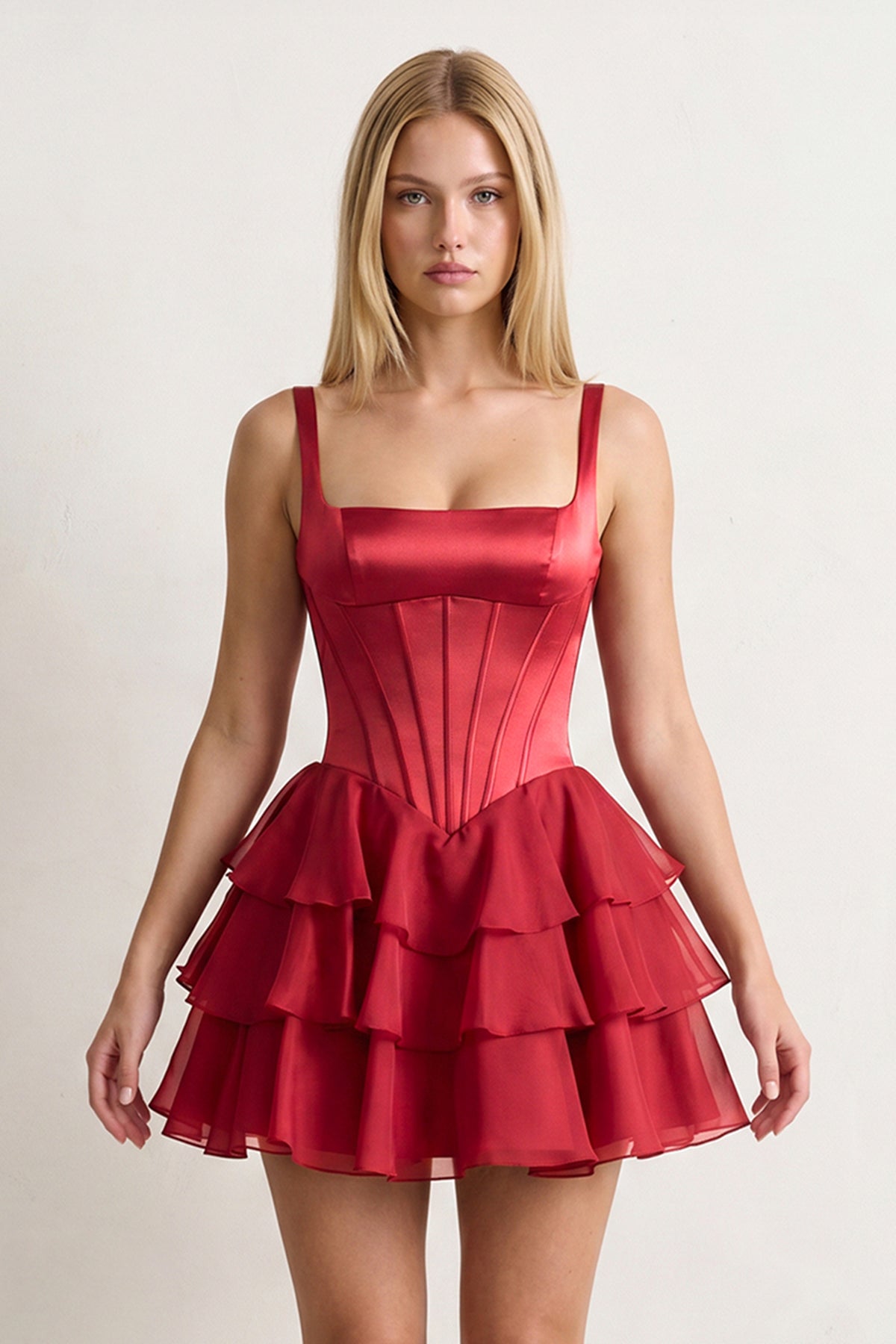Burgundy Square Neck Satin Corset Ruffled A-Line Homecoming Dress