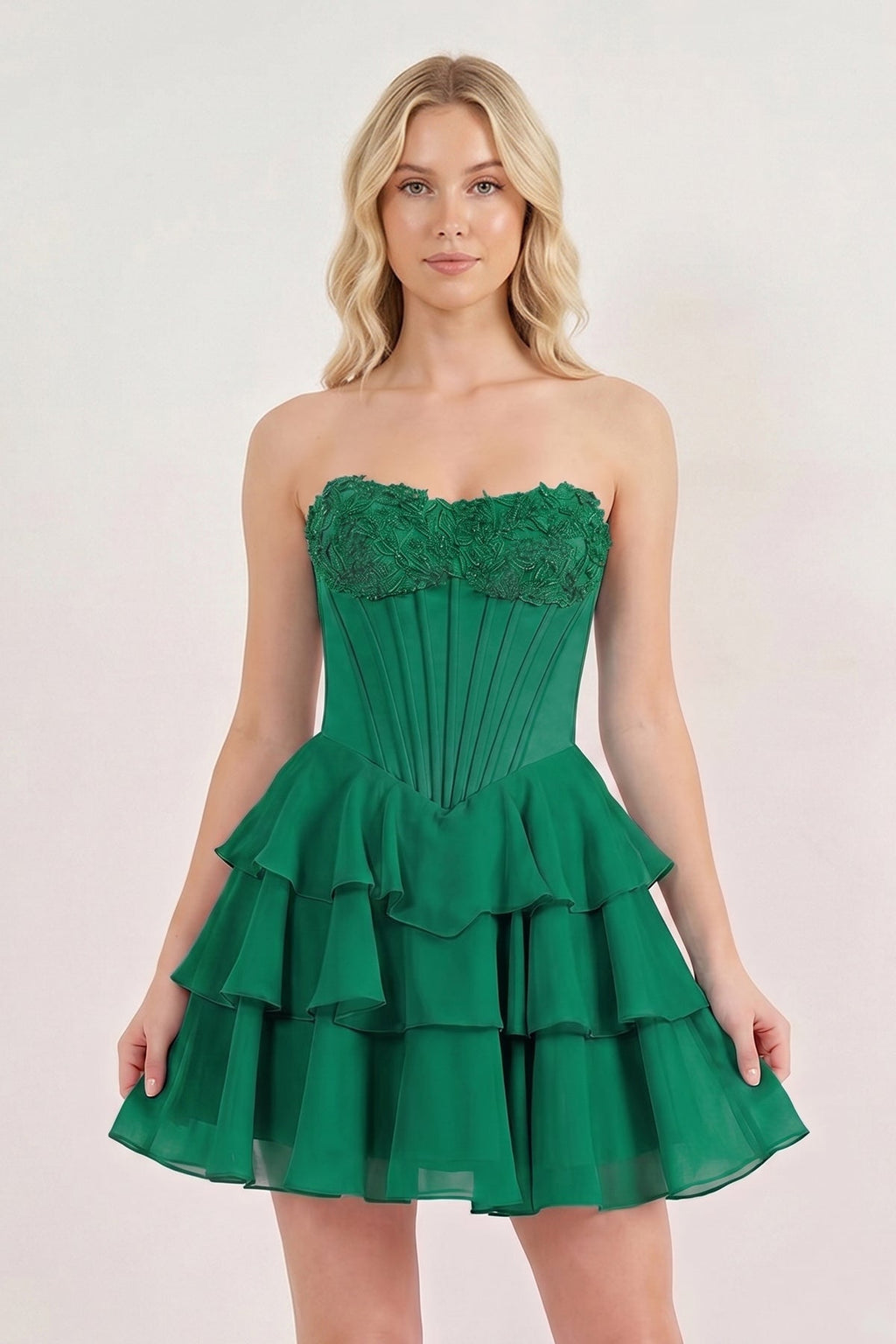 Pink Strapless Tiered A-Line Ruffled Chiffon Appliqued Homecoming Dress